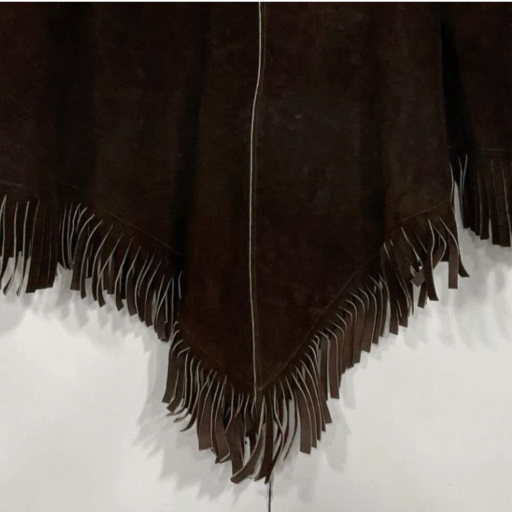 Vintage 70s Brown Suede Leather Fringe Poncho Cape Western Boho Hippie Beaded - Picture 7 of 7